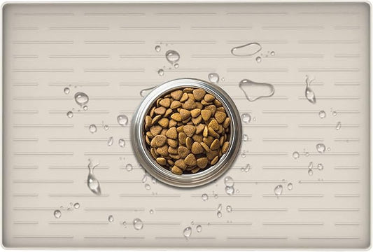 24" x 16" Dog Food Mat, Silicone Pet Mats for Food and Water, Nonslip Pet Feeding Mats for Floors, Dog Cat Bowl Mat with Raised Edges, Beige-PawvioPets