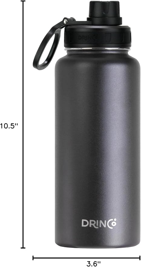 DRINCO Stainless Steel Water Bottle Spout Lid Vacuum Insulated Double Wall Water Bottle Wide Mouth (40oz 32oz 22oz 18oz 14oz) Leak Proof Keep Cold Sport Camping Hiking (32 oz, 32oz Black)-PawvioPets