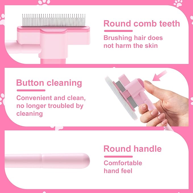 2PCS Flea Comb for Cats and Dogs with Pet Hair Remover Glove, Self Cleaning Pet Flea Cat Grooming Brush with Release Button for Massaging and Cleaning Shedding Pets Hairs-PawvioPets