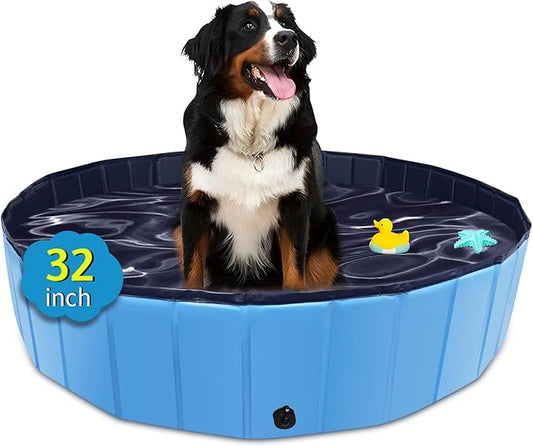 Foldable Dog Pool, 32" x 8" Kiddie Pool with Hard Plastic, Non-Slip Dog Bath Tub for Outdoor Backyard, Collapsible Dog Swimming Pool for Kids Dogs Pets (Blue)-PawvioPets