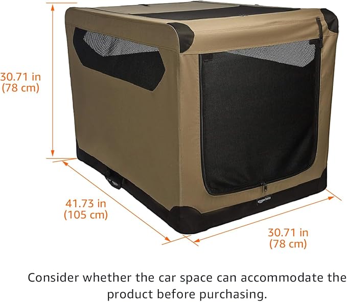 Amazon Basics Dog Crate, Travel Dog Kennel Double Door Collapsible, Lightweight Soft-Sided Folding, Portable Dog Cage, XL 42" x 31" x 31", Tan-PawvioPets