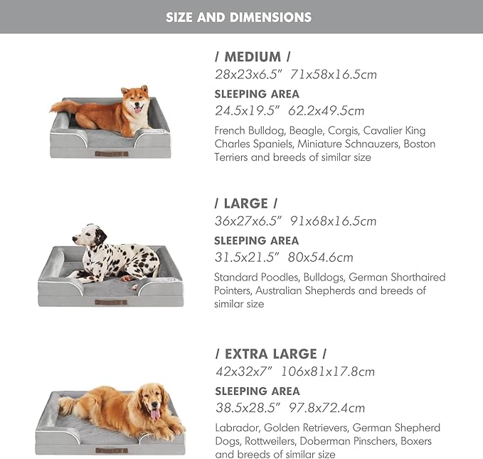Friends Forever Orthopedic Dog Bed for Extra Large Dogs, Waterproof Memory Foam Dog Sofa Bed XL with Removable Washable Cover, Ally Grey, 42x32x7-PawvioPets