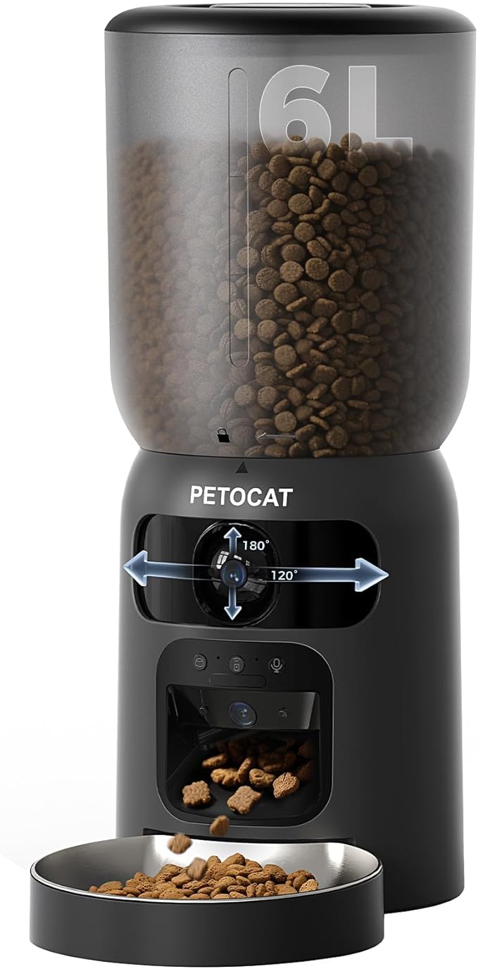 AI Cat Feeder with Dual Cameras (1 Adjustable), 2K HD Night Vision, 5G/2.4G WiFi, 6L Automatic Pet Feeder with APP Control, Laser Interactive Toy, Two-Way Audio & Scheduled Feeding-PawvioPets