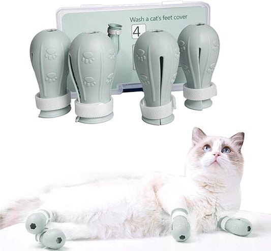 4 Pieces Cat Scratch Cover for Nursing Rehabilitation Cat Boots for Cats Only, Adjustable Cat Bathing Gloves (Grey)-PawvioPets
