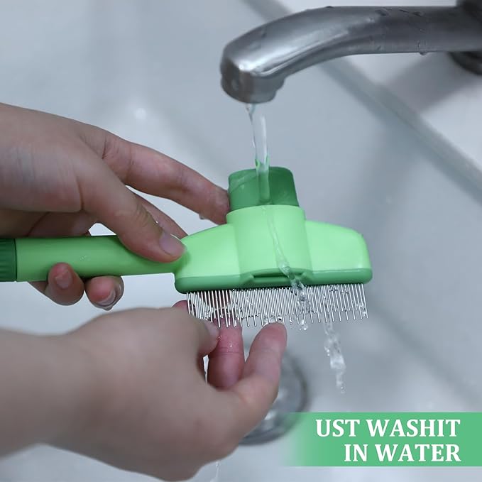 Flea Comb for Cats Dogs Brush for Shedding with Release Button Fine Tooth Pet Hair Removal Comb with Long & Short Stainless Steel Teeth for Deshedding Self-Cleaning Brush for Cat Dog Small Pets-PawvioPets