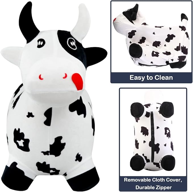 EVERICH TOY Bouncy Horse Cow Toys, Inflatable Bouncing Animal Hopping Toys, Outdoor Indoor Ride on Bouncer, Boys Girls Birthday Gift for 18 Month 2 3 4 5 6 Year Old Kid- Plush Cow Toy-PawvioPets