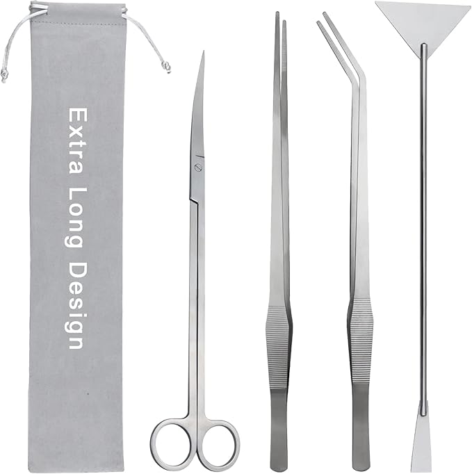 Aquarium Aquascape Tools Kit, Long 15 Inch Stainless Steel Aquatic Plants Tools, 4 in 1 Anti-Rust Aquascaping Tweezers Scissors Spatula Scrapers Tool Set for Fish Tank Cleaning Plant Trimming Shears-PawvioPets