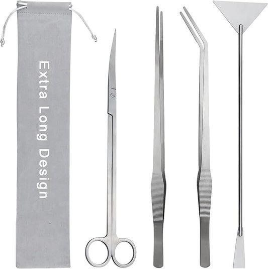 Aquarium Aquascape Tools Kit, Long 15 Inch Stainless Steel Aquatic Plants Tools, 4 in 1 Anti-Rust Aquascaping Tweezers Scissors Spatula Scrapers Tool Set for Fish Tank Cleaning Plant Trimming Shears-PawvioPets
