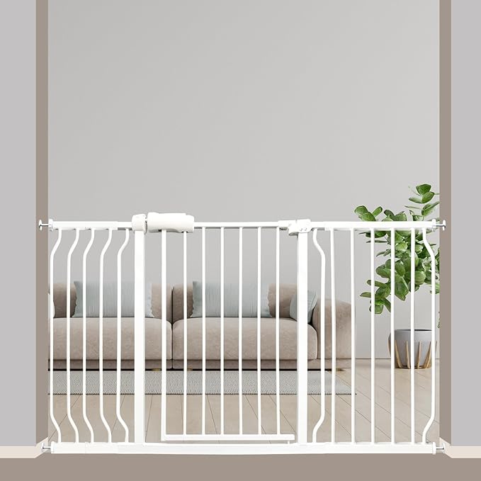 Extra Wide Baby Gate 53-57.5 Inch, Tension Mounted No Drilling, Auto Close Indoor Safety Gate for Stairs & Doorways - Metal Design for Kids and Pets, White-PawvioPets