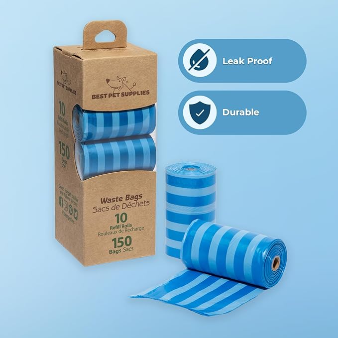 Best Pet Supplies Dog Poop Bags (150 Bags) for Waste Refuse Cleanup, Doggy Roll Replacements for Outdoor Puppy Walking and Travel, Leak Proof and Tear Resistant, Thick Plastic - Blue Strips-PawvioPets