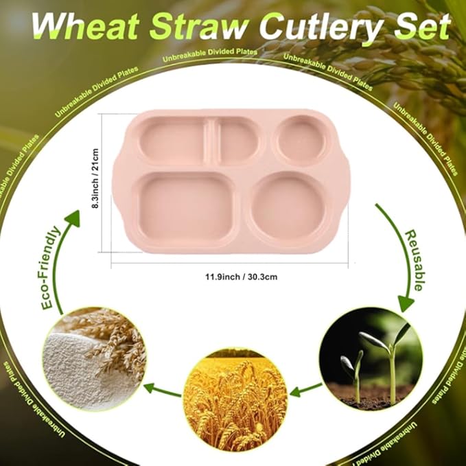 12 Inch Divided Plates4 PCS - Reusable Unbreakable Wheat Straw Plates, Dinnerware Lunch Tray Plates Tableware for Kitchen, Picky Eaters, Campers and Portion Control (Blush)-PawvioPets