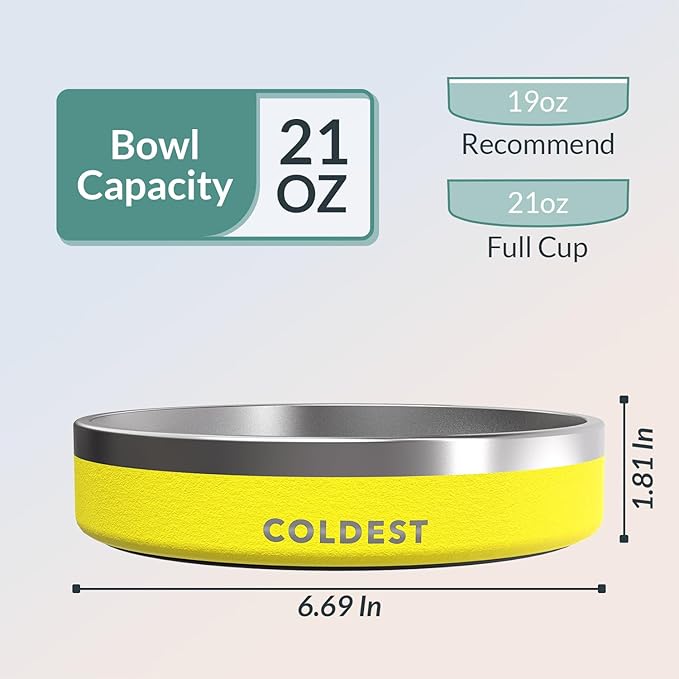 Coldest Dog Bowl - Anti Rust Metal, Non Slip, 3 Layers Insulated Stainless Steel Dog Bowls - Spill Proof & Heavy Duty - Water Bowl for Dogs, Cats & Pets, Dish Washer Safe (21 oz, Solar Yellow)-PawvioPets