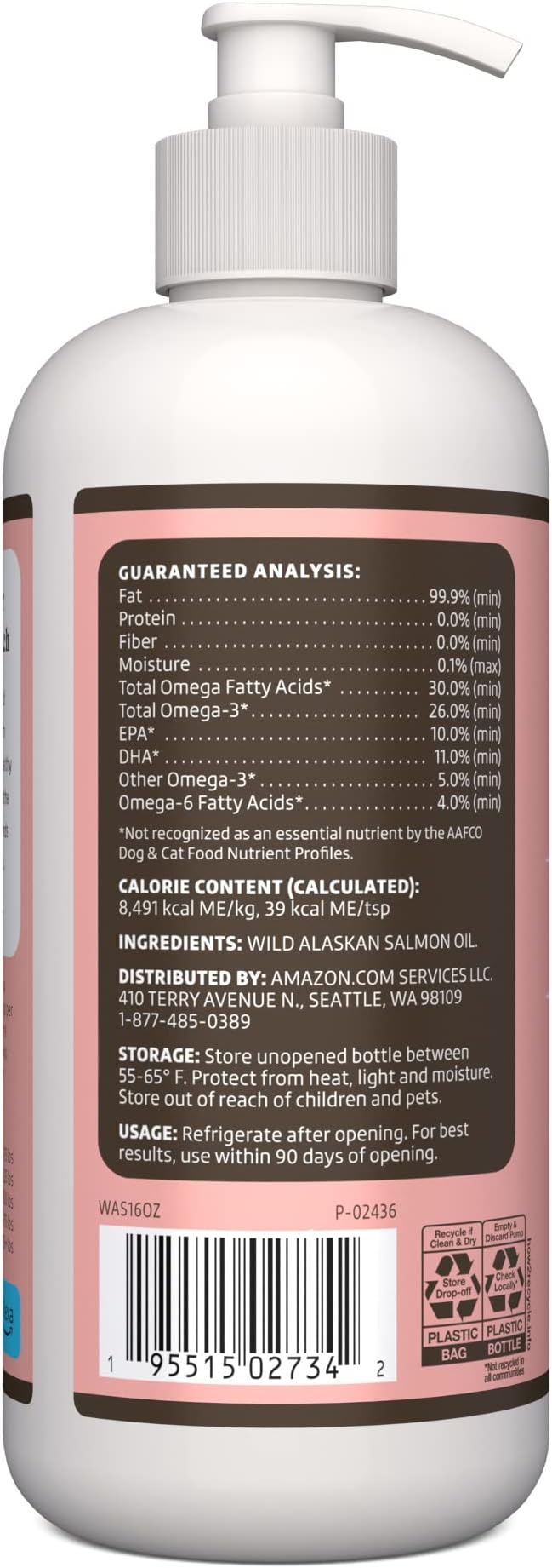 Amazon Brand - Wonder Bound Wild Alaskan Salmon Oil - Skin and Coat Support, Omega 3 Supplement for Dog and Cat , 16 fl oz-PawvioPets