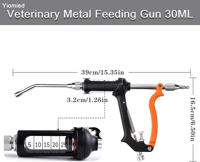 30ML Veterinary Metal Feeding Gun, Continuous Drench Gun Dosing Device Veterinary Adjustable Medicine Dispenser Husbandry Autonomous Feeding Tool, Pig Cattle, Sheep, Horse for Drench Gun-PawvioPets