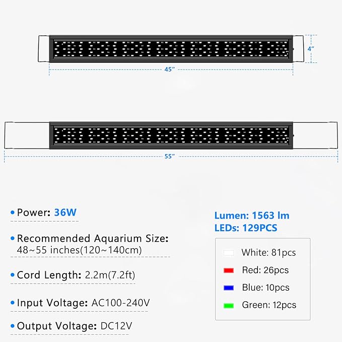 AQQA Aquarium Light,Full Spectrum Fish Tank Light for Plants,3 Mode+Timer+Adjustable Brightness,High Brightness LED Beads with Extendable Brackets for Freshwater (36W for 48-55inch)-PawvioPets