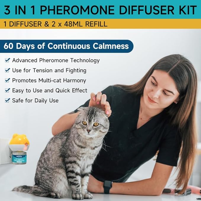 Cat Calming Diffuser - Cat Pheromones Calming Diffuser for Cat Anxiety Relief 3-in-1 Cat Pheromone Diffuser Kit with 1 Diffuser + 2 Refill 48ml Vial - 60 Days Pheromone Diffuser to Calm Cats-PawvioPets