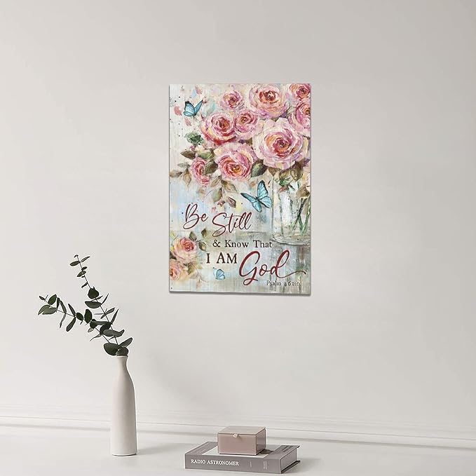 Farmhouse Rose Wall Art Christian Scripture Pictures Pink Rose Wall Decor Rustic Floral Butterfly Canvas Print Painting Artwork for Bathroom Living Room Bedroom 16"x24"-PawvioPets