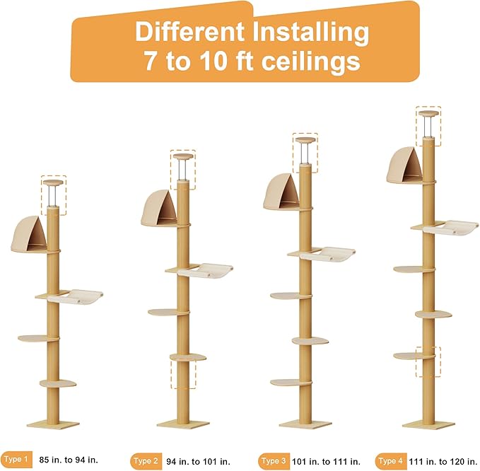 FUKUMARU Floor to Ceiling Cat Tree, 6 Level Adjustable Height (6-10 ft) Climbing Tower with Thickened Scratching Posts, Cats Activity Center with Cozy Hammock - Beige-PawvioPets