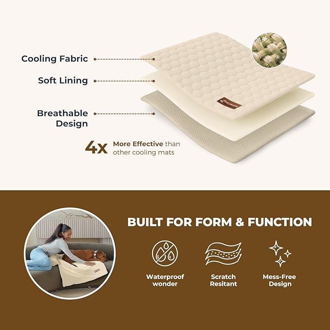 Dog Cooling Mat- Ice Silk Summer Comfort, Self Cooling, Non-Slip Dog Pad, Durable & Washable, Mat for Medium Dogs 50x65 cm, Support Shelter Dogs with Every Purchase (Beige)-PawvioPets