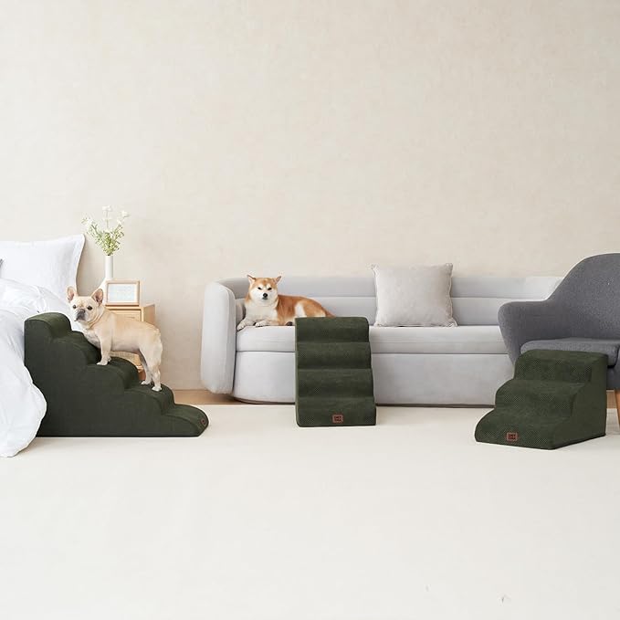 EHEYCIGA Curved Dog Stairs Ramp for High Beds 19.7" H, 4-Step Dog Steps for Small Dogs and Cats, Pet Stairs for High Bed Climbing, Non-Slip Balanced Pet Step Indoor, Olive Green-PawvioPets