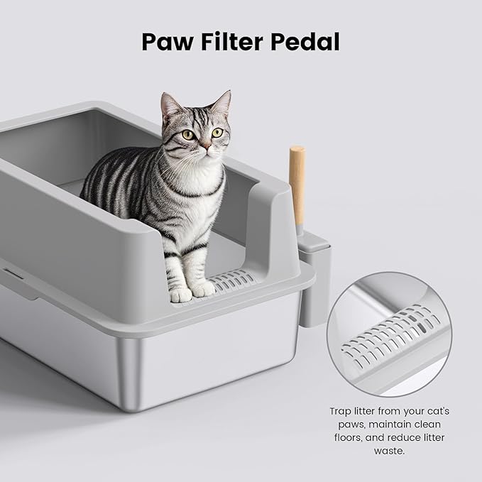 2 Pack Stainless Steel Cat Litter Box - Enclosed XL Metal Kitty Litter Box with Lid for Big Cats, High Sided, Anti-Leakage, Easy Cleaning, Non-Sticky, Included Cat Litter Spoon-PawvioPets