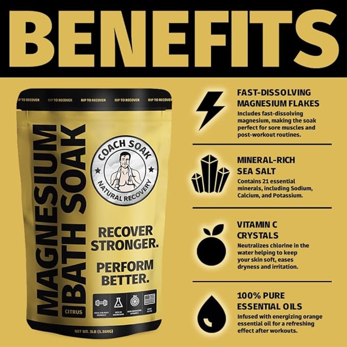 Coach Soak Recovery Bath Soak - Faster Absorption Than Epsom Salt for Pain - Rejuvenating Magnesium Flakes with 21 Minerals, Essential Oils & Bath Salts, 3lbs (Energizing Citrus)-PawvioPets