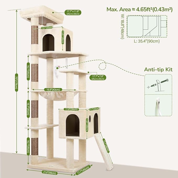 Globlazer Heavy Duty Cat Tree Tower, 70inch Sturdy Cat Tree for Indoor Cats Sturdy Large Cat Tower with Scratching Post and Scratching Board, Hammock, Cat Condo for Adult Cats Kittens, F70 Pro, Beige-PawvioPets
