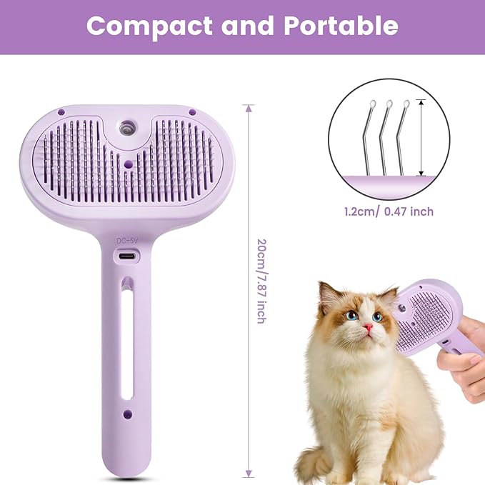 3 in 1 Cat Steam Brush, Pet Spray Hair Removal Comb for Shedding & Grooming, Water Brush for Cats Dogs Small Animals Long Short Haired with One-Click Release Button(Purple)-PawvioPets