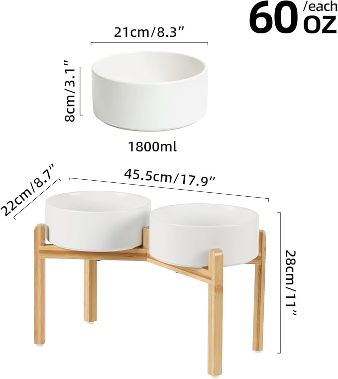 Ceramic Raised Double Bowls Set with Stand, Food & Water Bowls for Large Breed Dogs, Weighted Dog Dishes, Pet Bowl(8.2'',60OZ, White)-PawvioPets
