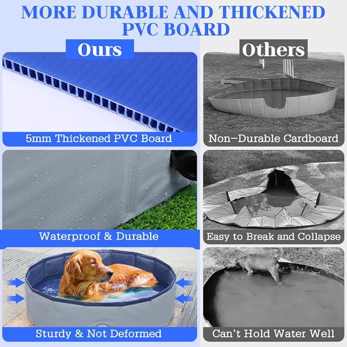 Foldable Dog Bath Swimming Pool 71'' Plastic Kiddie Pool Professional Tub Collapsible Grooming Bathtub for Pets Kids Baby and Toddler, 71 x 12 Inches Gray-PawvioPets