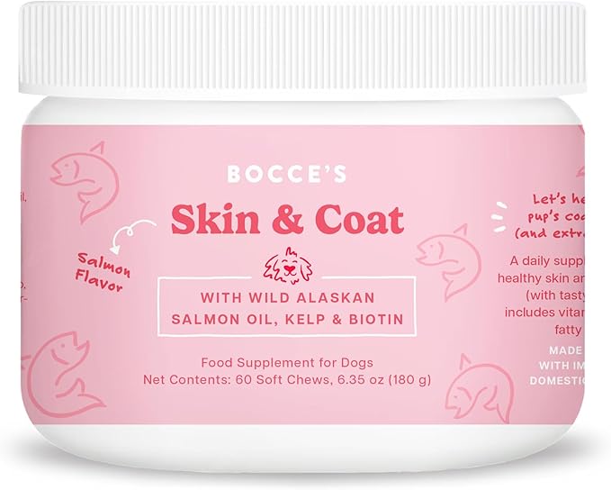 Bocce's Bakery Skin & Coat Supplement for Dogs, Daily Chews Made in The USA with Vitamin E & Essential Fatty Acids, Supports Healthy Skin & Coat, Salmon, 60 ct, Red (DG-SP-SKIN60)-PawvioPets