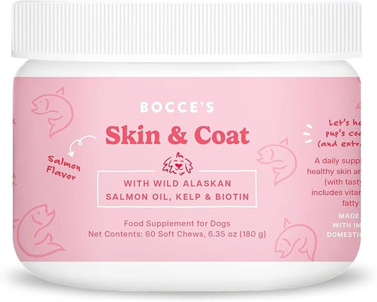 Bocce's Bakery Skin & Coat Supplement for Dogs, Daily Chews Made in The USA with Vitamin E & Essential Fatty Acids, Supports Healthy Skin & Coat, Salmon, 60 ct, Red (DG-SP-SKIN60)-PawvioPets