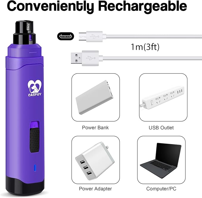 Casfuy Dog Nail Grinder Upgraded - Professional 2-Speed Electric Rechargeable Pet Nail Trimmer Painless Paws Grooming & Smoothing for Small Medium Large Dogs & Cats (Purple)-PawvioPets