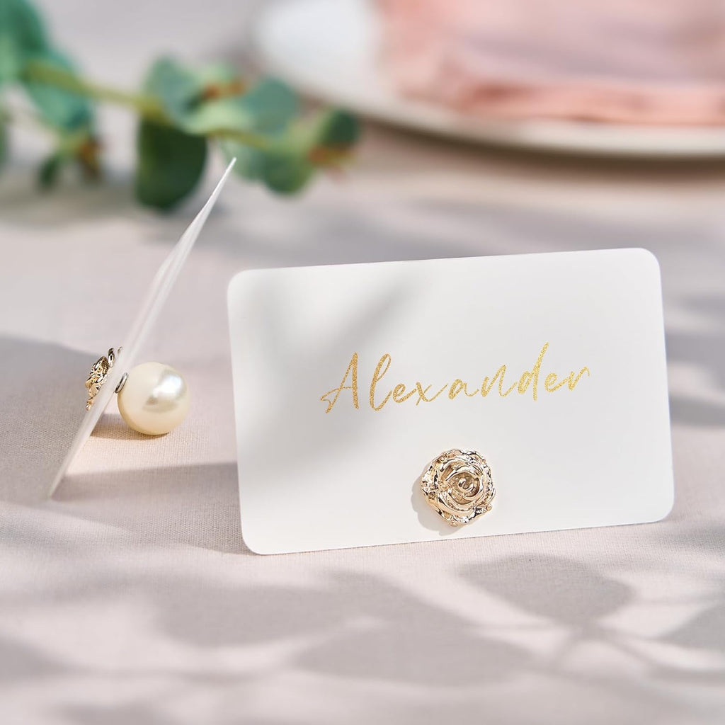UNIQOOO 12Pcs Decorative Rose Floral Place Card Holders Bulk, Luxury Gold Metal Name Card Stands Set, for Wedding Table Setting, Business Card, Name Tag, Party Food Labels