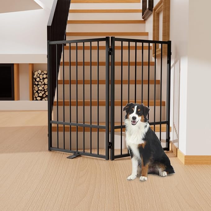 Full Metal Freestanding Dog Gate with Door, 32''Height Foldable Pet Dog Fence for Indoor & Outdoor, 2 Panels Extra Wide Free Standing TallDog Gates for Doorways,House,Stairs,Porch,Deck,Yard-PawvioPets