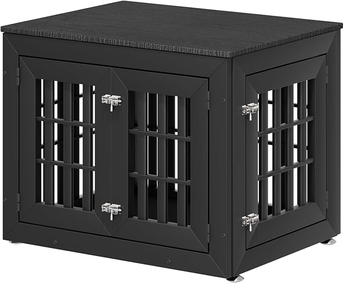 32" Heavy Duty Dog Crate Furniture for Small,Medium and Large Dogs,Rustic Wooden Dog Cage Kennel Indoor Furniture with Waterproof Top,Decorative Pet House Side End Table (Black)-PawvioPets