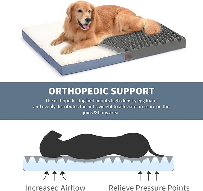 Dog Beds for Large Dogs, Orthopedic Dog Bed for Extra Large Dogs, Big Waterproof Pet Bed with Washable Removable Oxford Cover, Blue White-PawvioPets