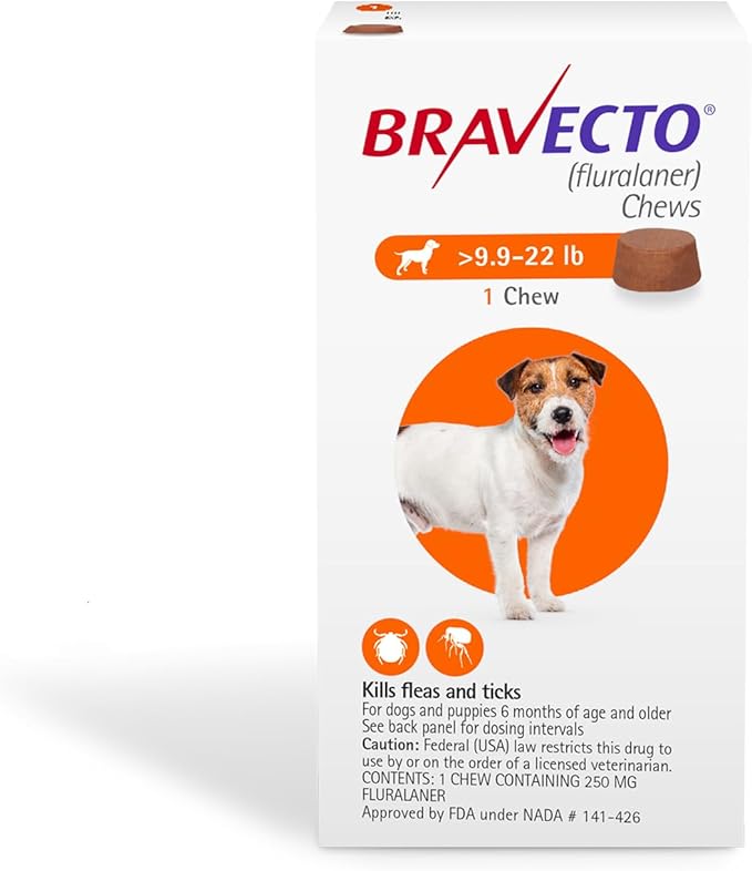 BRAVECTO Chew for Dogs, Flea & Tick, 1 Chew, 12 Week Supply, 9.9-22 lbs., Orange Box-PawvioPets