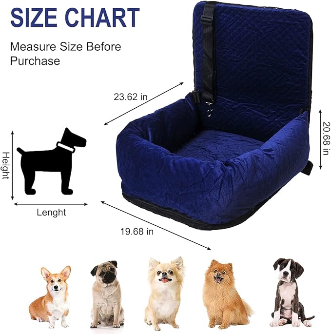 Dog Car Seat for Small Medium Dogs Up to 40lbs, Detachable Washable Soft Pet Booster Travel Bed for Front & Blue Seat with Safety Leash Belt-PawvioPets