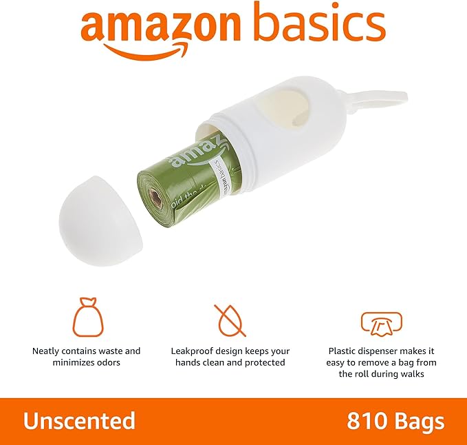 Amazon Basics Leak Proof Dog Poop Bags with Dispenser and Leash Clip, Unscented, 13 x 9 Inches - 810 Count (15 Bags per Roll, 54 Rolls)-PawvioPets
