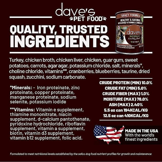 Dave's Pet Food Grain Free Wet Cat Food Pate (Turkey), Made in USA Naturally Healthy Canned, Added Vitamins & Minerals, Carrageenan-Free, 5.5 oz Cans (24 Pack)-PawvioPets