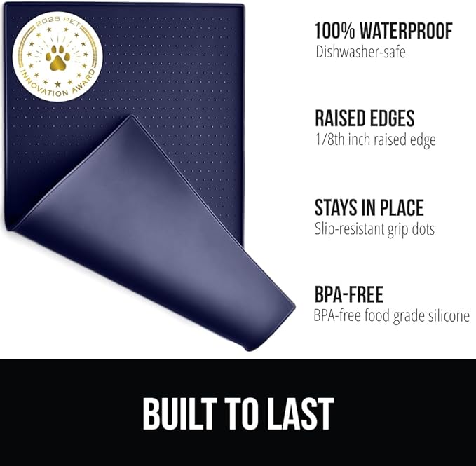 GORILLA GRIP 100% Waterproof Raised Edge BPA Free Silicone Pet Feeding Mat, Dog Cat Food Mats Contain Spills Protects Floors, Placemats for Cats and Dogs Water Bowl, Pets Accessories 28x18 Navy-PawvioPets