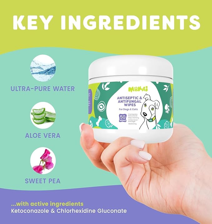 Antiseptic Wipes for Dogs Cats and Horses | Dog Chlorhexidine Wipes with Ketoconazole Dermatological Pads Hot Spots Itchy Paws Skin Rashes-PawvioPets