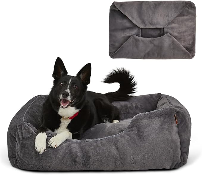 FUZI Luxury Aesthetic Dog Bed with Extra Cover for Medium Dogs, Washable Pet Couch, Pet Bed with Sides, Non-Slip Bottom, Soft & Durable Calming Dog Bed, Faux Fur, Medium 31.75x23.6x9.5 Dark Grey-PawvioPets