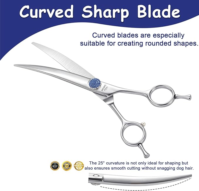 7.5'' Dog Grooming Scissors Set with Blue Diamond Adjustable Screws CNC 440C Stainless Steel Thinner Chunker Straight Curved Shears with Comb Sharp and Durable-PawvioPets