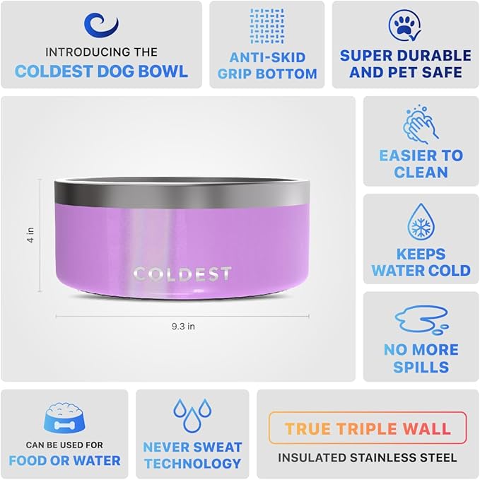 Coldest Dog Bowl - Anti Rust Metal, Non Slip, 3 Layers Insulated Stainless Steel Dog Bowls - Spill Proof & Heavy Duty - Water Bowl for Dogs, Cats, Dish Washer Safe (100 oz, Saturns Purple Glitter)-PawvioPets
