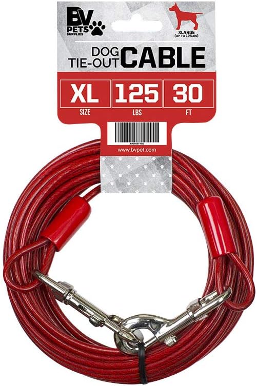 BV Dog Tie Out Cable 30 Feet - Heavy Duty Dog Lead Up to 125 Pounds - Reflective & Rust-Free with Quick Release Swivel Clips & 360° Rotating Clasp - Tangle-Free Dogs Runner for Yard (Red, Single)-PawvioPets