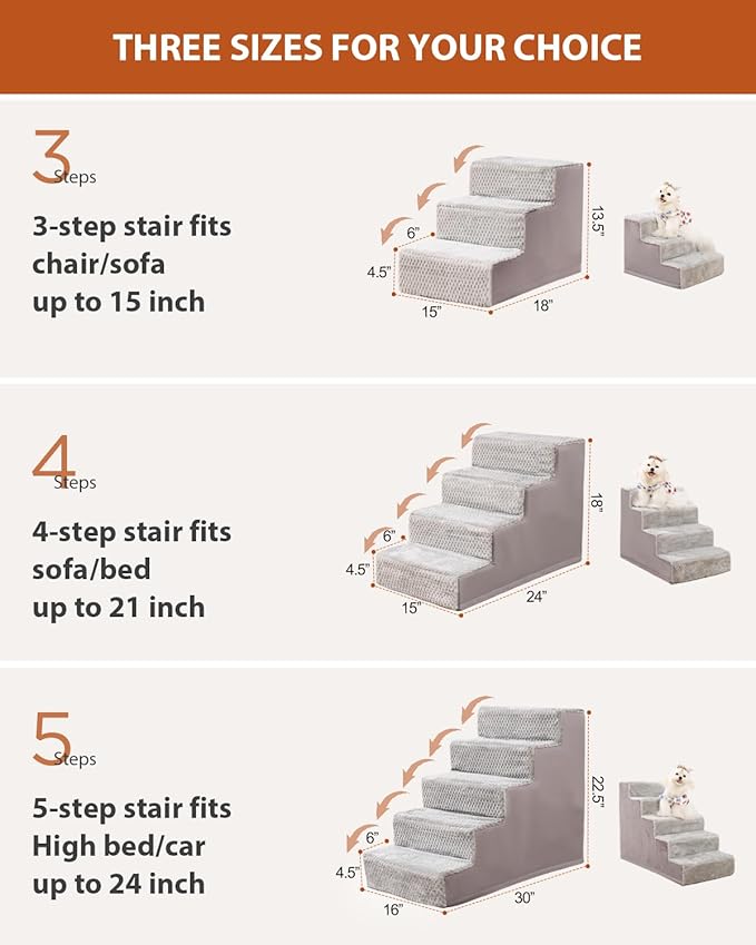 Dog Stairs for Small Dogs,13" H,3-Step Dog Steps for High Bed,Couch,Pet Stairs for Dogs and Cats Climbing with Non-Slip Bottom and Washable Cover,Light Grey-PawvioPets