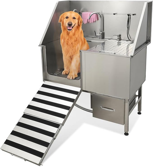 50" Dog Washing Station, Professional Stainless Steel Pet Dog Bathing Station with Ramp, Faucet, Storage Drawer, Floor Grate Dog Bathtub for Large, Medium, Small Pets (Left Ramp)-PawvioPets