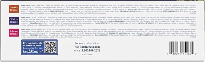 Blue Buffalo Wilderness High Protein, Natural Adult Pate Wet Cat Food Variety Pack, Chicken, Salmon, Turkey 5.5-oz can (12 count - 4 of Each Flavor)-PawvioPets